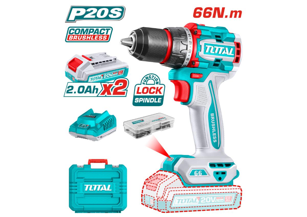 Компактная бесщеточная аккумуляторная дрель TOTAL TDLI20668