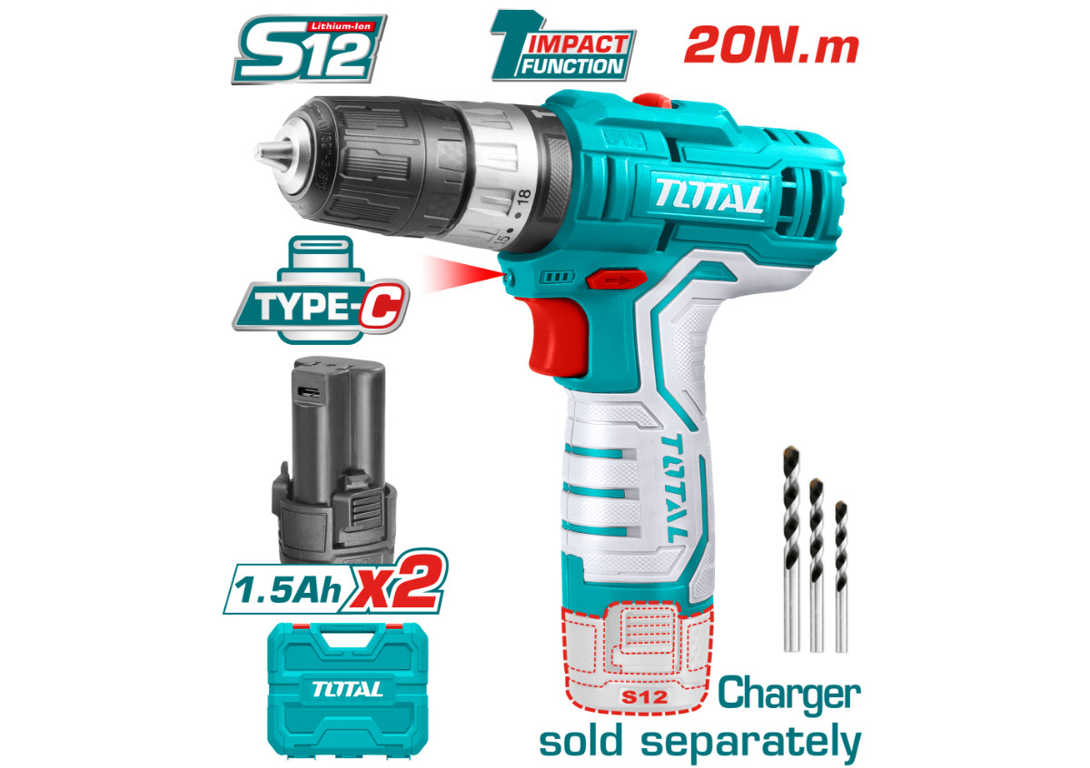 Шуруповёрт аккумуляторный ударный 12 В 20 Нм (с 2 аккумуляторами, 4 битами) TOTAL TIDLI12328
