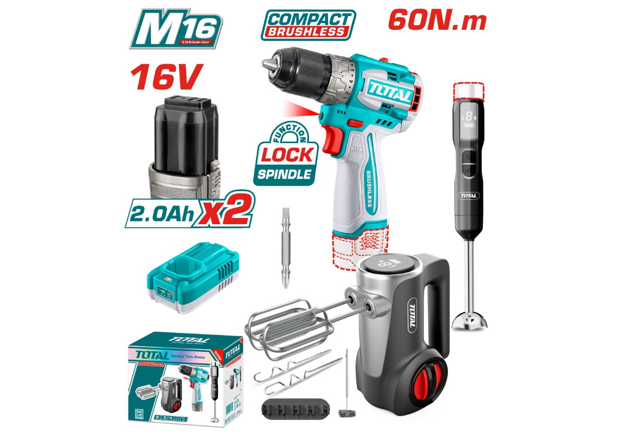 Կոմբո հավաքածու մարտկոցային. պտուտակադարձիչ, հարիչ, բլենդեր (2 մարտկոցով, լիցքավորիչով) TOTAL TCKLI1