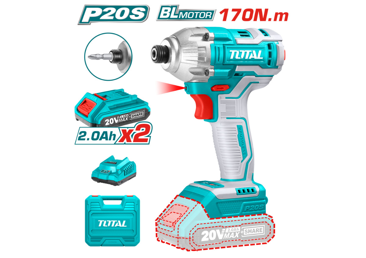 Հարվածային պտուտակադարձիչ մարտկոցային 20Վ 170Նմ (2 մարտկոցով, լիցքավորիչով) TOTAL TIRLI2017