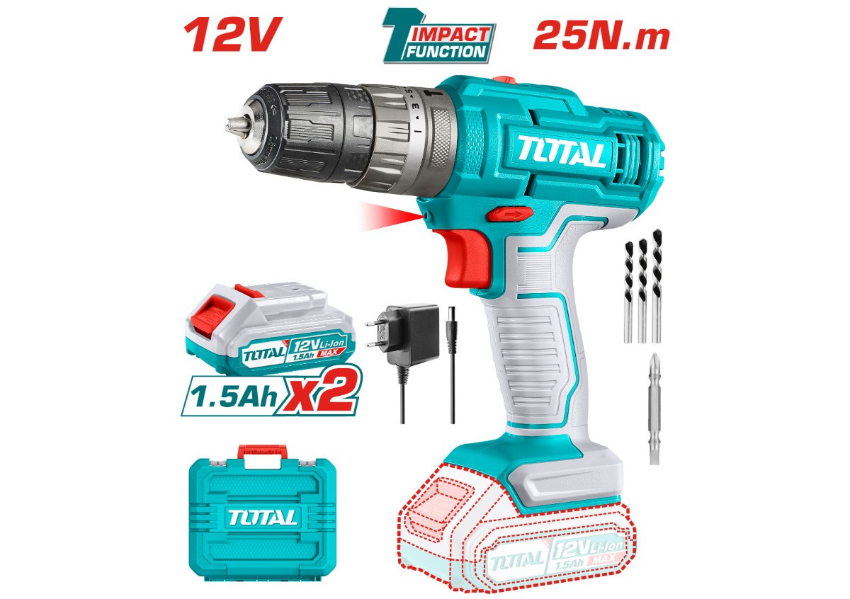 Шуруповёрт аккумуляторный ударный   12 В 25 Нм (с 2 аккумуляторами и зарядным устройством) TOTAL TIDLI1228