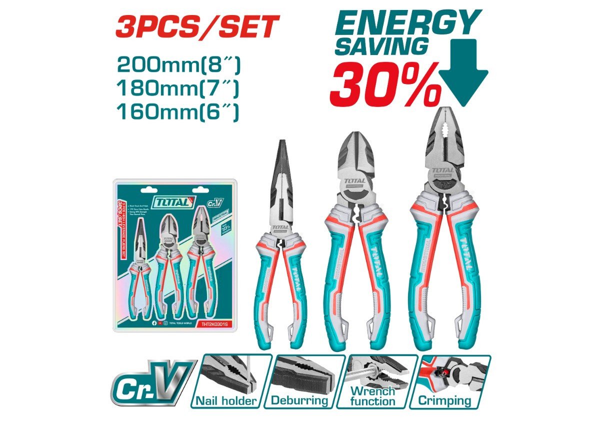 Набор высокопрочныx плоскогубцев, длинногубцев, бокорезов 3 шт TOTAL THT2K0301S