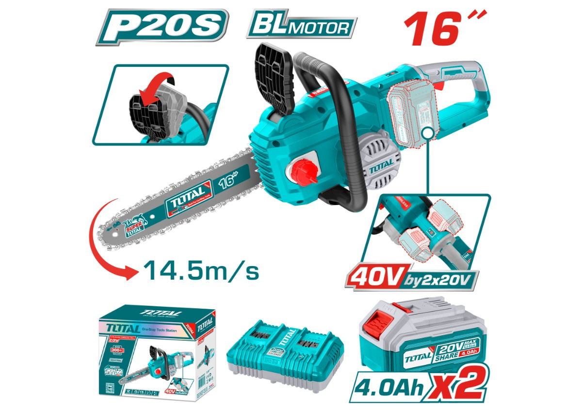 Շղթայավոր սղոց մարտկոցային 40Վ (2x20Վ) 400մմ (2 մարտկոցով, լիցքավորիչով) TOTAL TGSLI401682