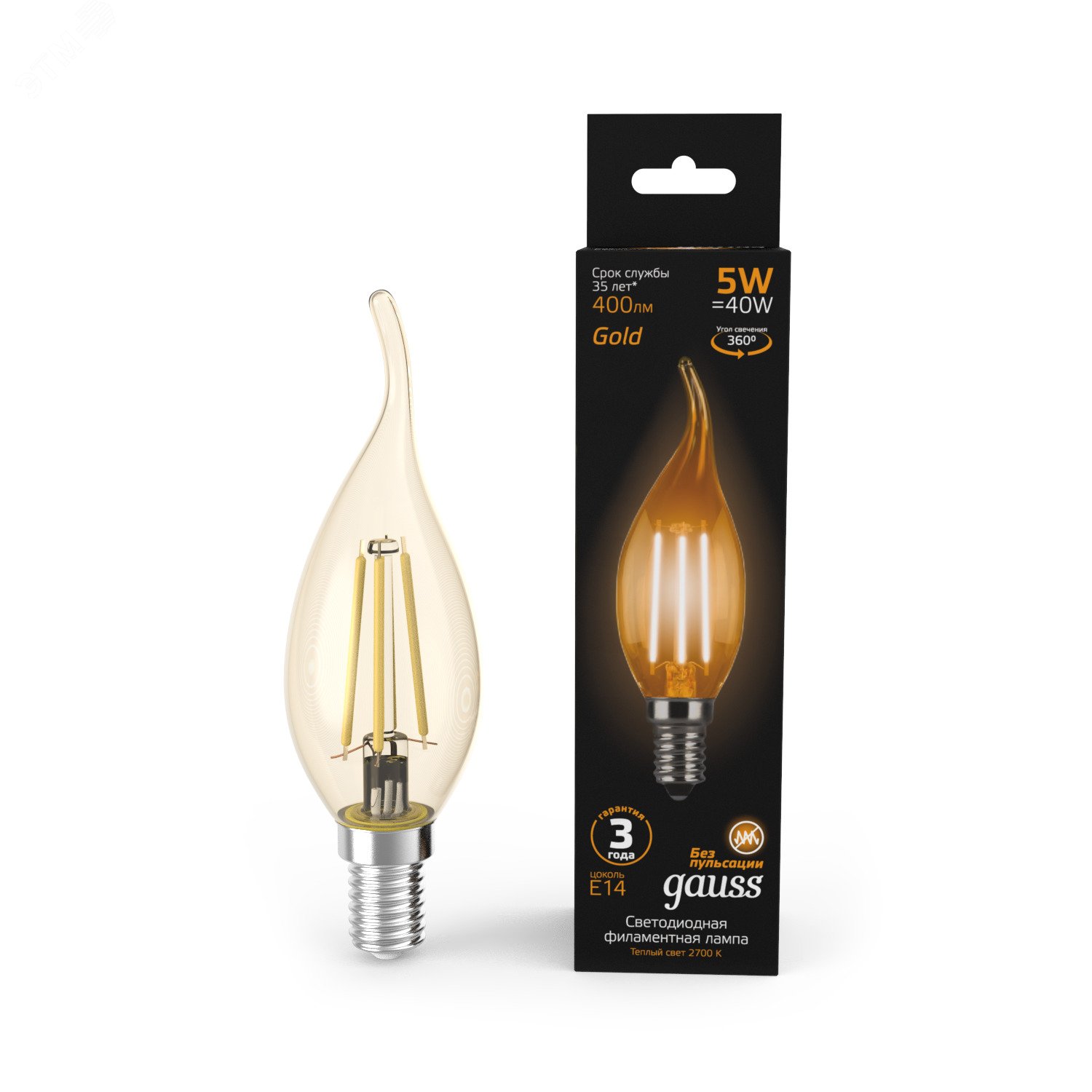 Լամպ E14 Black մոմ (ծիծակ) 5W 2700К 400Lm Golden Filament 1/10/50 Gauss
