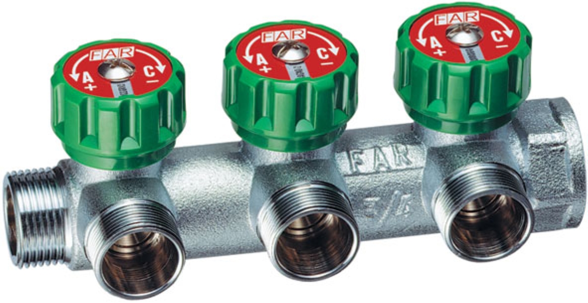 Коллектор регулирующий 3/4" (ВР-НР) с 3 отв. 1/2"EU с вставкой под плоское уплотнение FAR