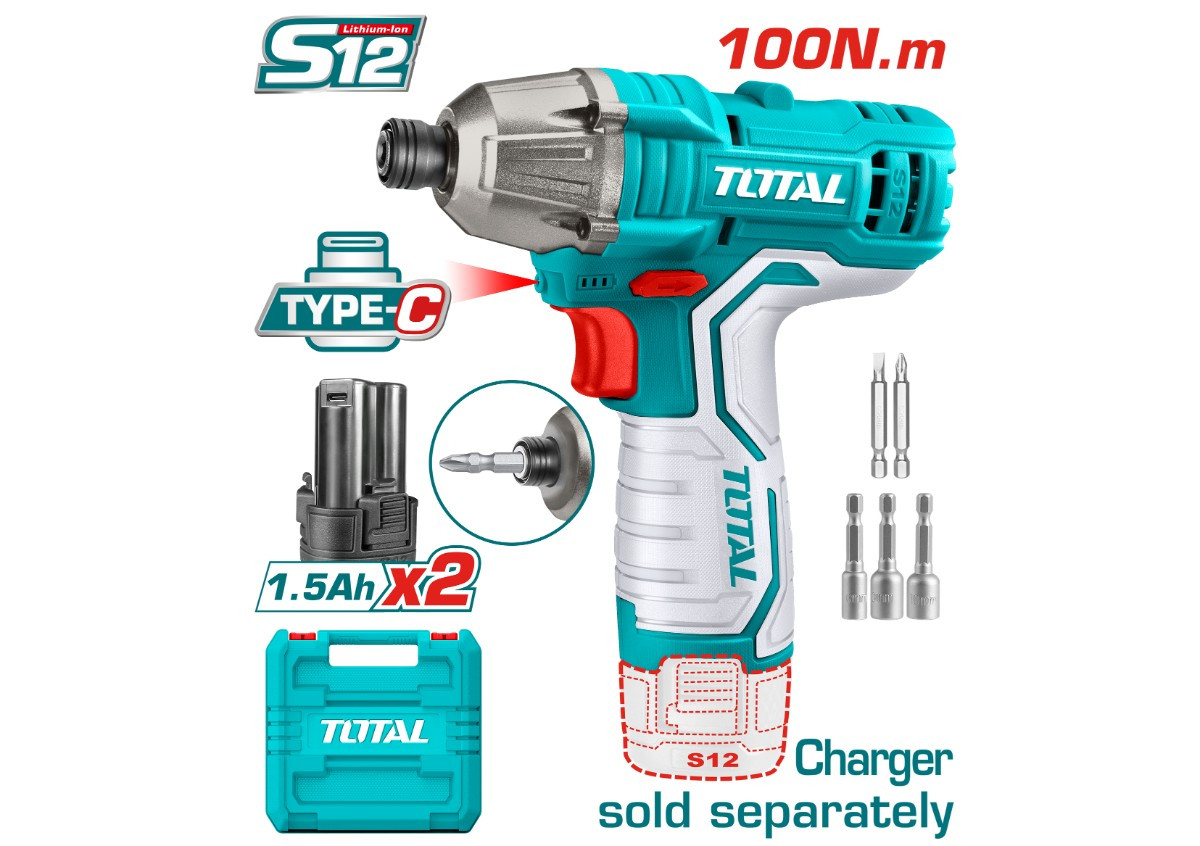 Հարվածային պտուտակադարձիչ մարտկոցային 12Վ 100Նմ (2 մարտկոցով) TOTAL TIRLI12015