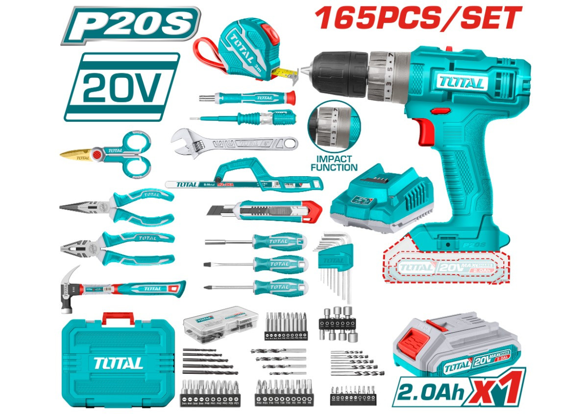 Ձեռքի գործիքների հավաքածու և պտուտակադարձիչ (165 միավոր) TOTAL THKTHP11652