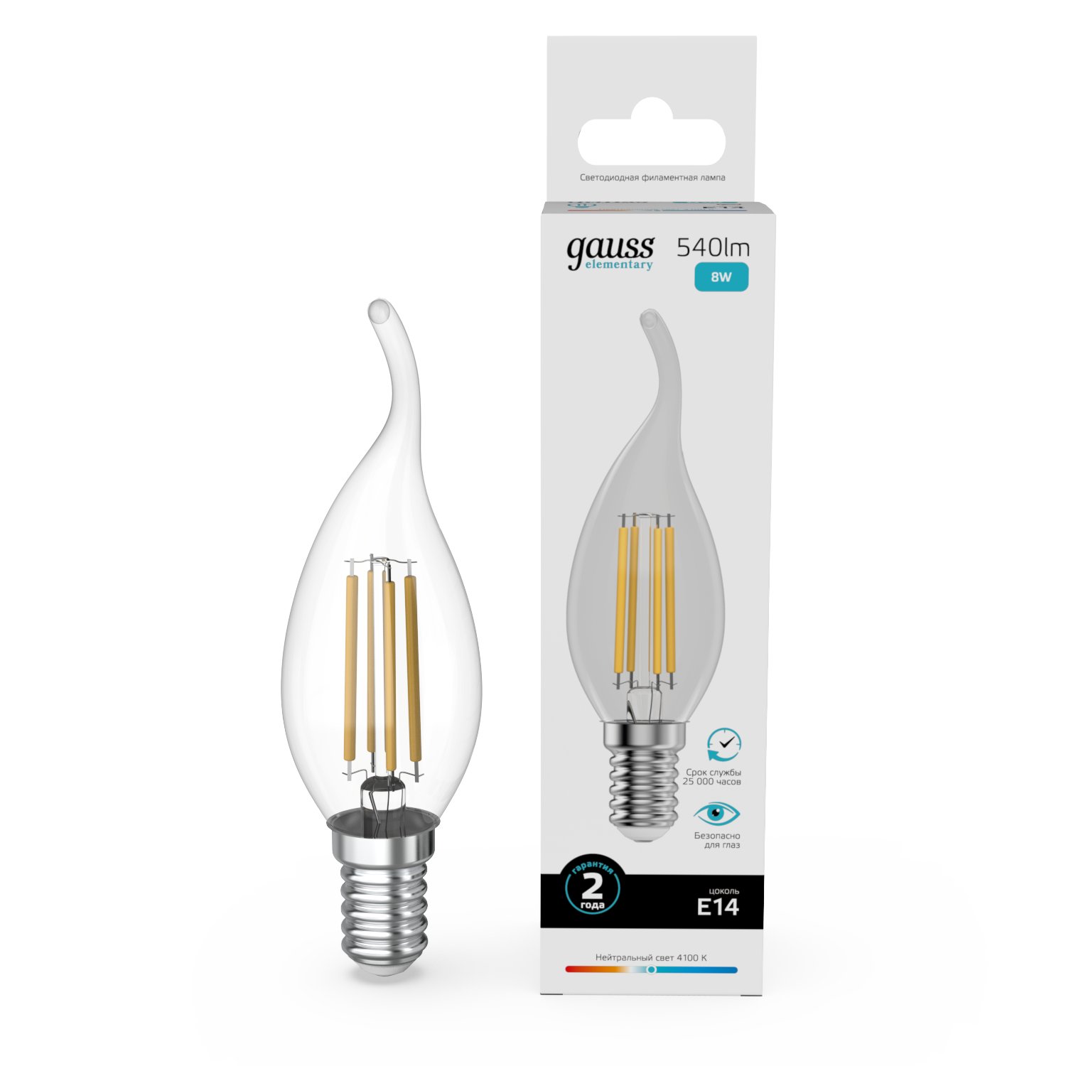 Лампа E14 Elementary Candle 8W 4100K 540Lm Filament 1/10/100  Gauss