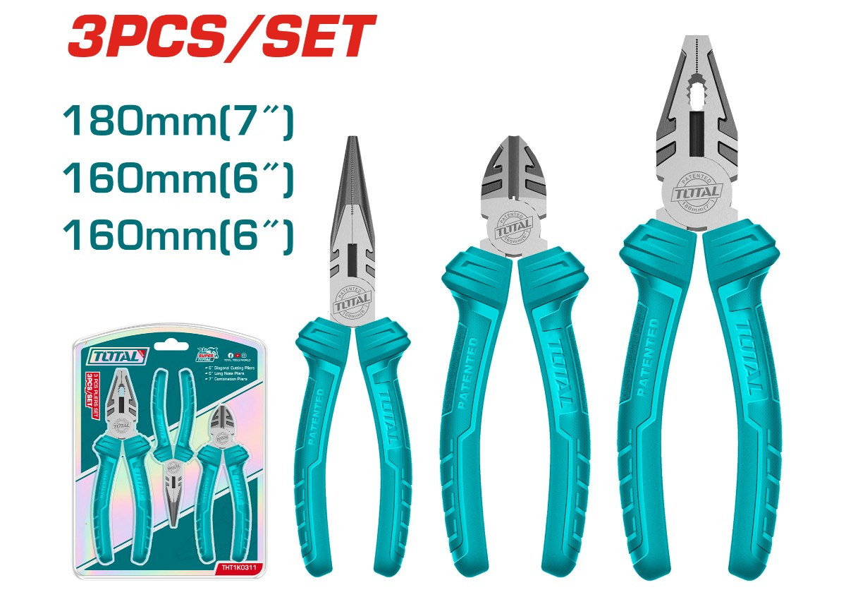 Набор плоскогубцев, длинногубцев, бокорезов 3 шт TOTAL THT1K0311