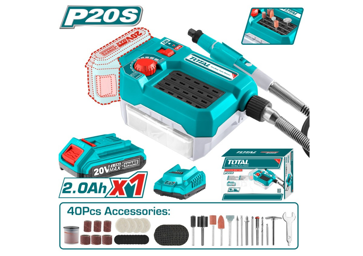 Գրավեր մարտկոցային 20Վ (մարտկոցով, լիցքավորիչով, 40 աքսեսուար) TOTAL TMGLI20011