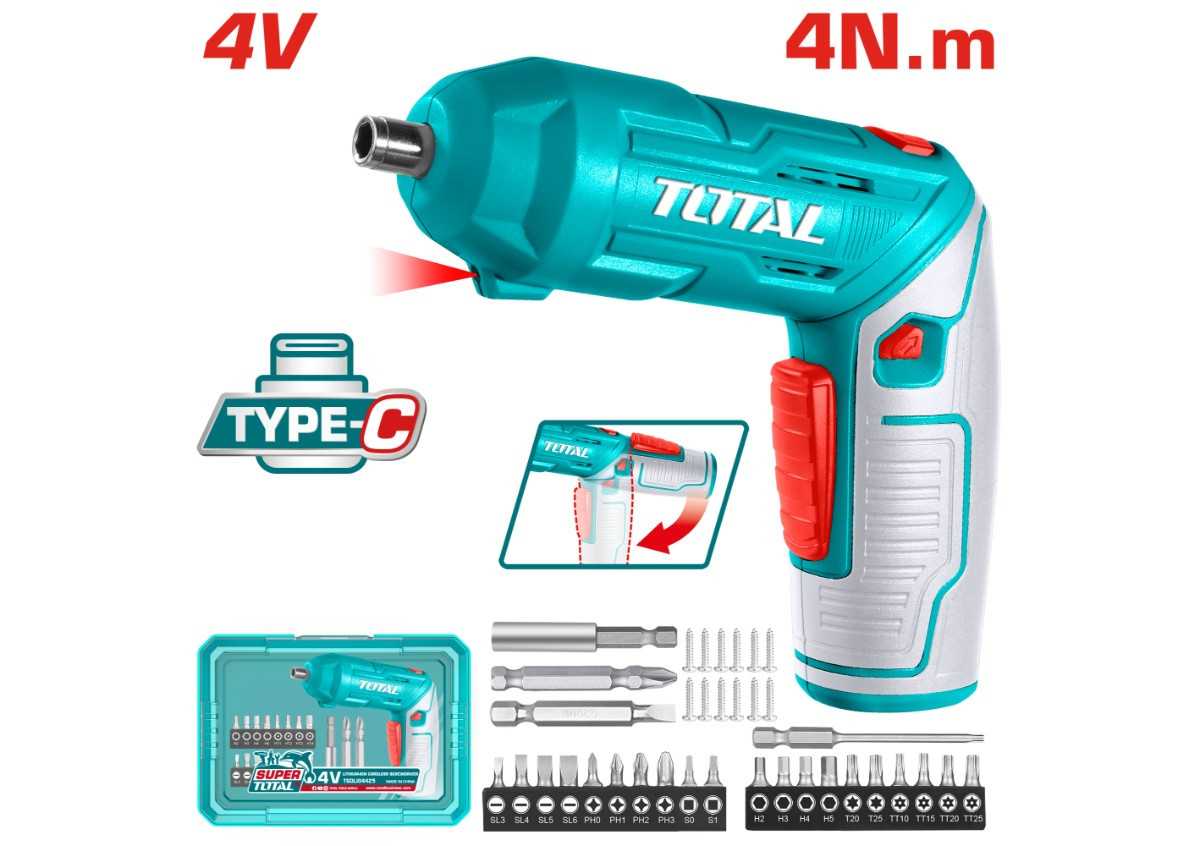 Аккумуляторная отвертка 4 В/4 Нм TOTAL TSDLI04425