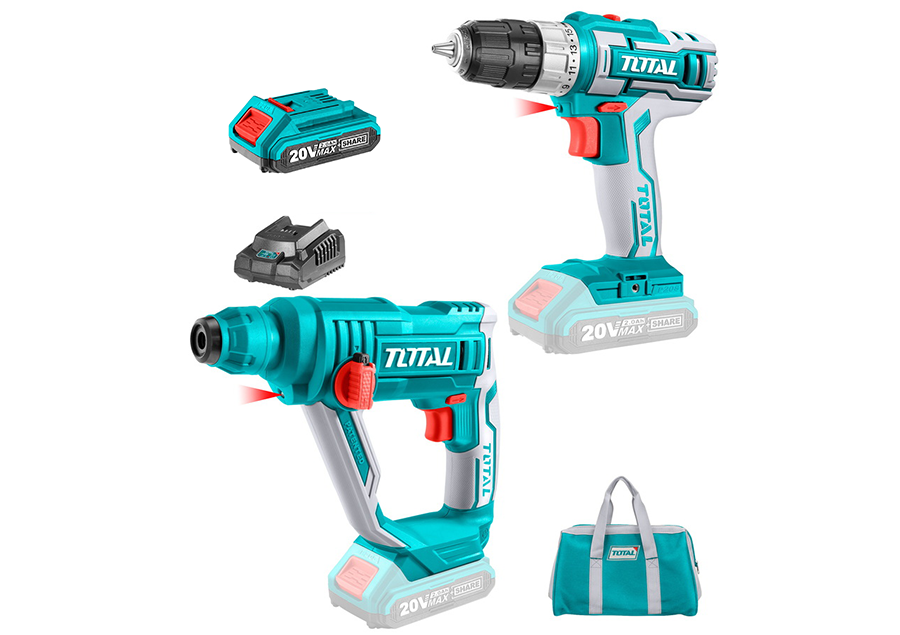 Մարտկոցային 20Վ գործիքների հավաքածու․ պտուտակադարձիչ (TDLI20024), հորատիչ (TRHLI1601) TOTAL TCKLI200