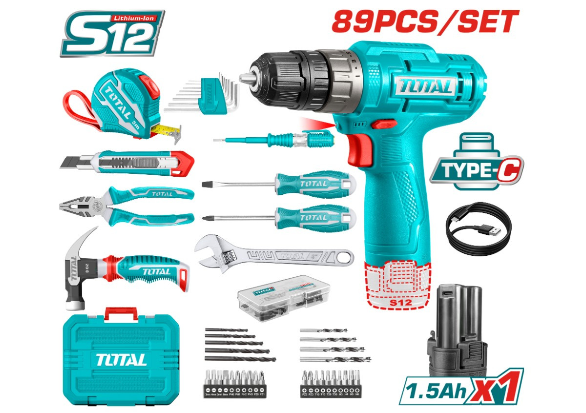 Ձեռքի գործիքների հավաքածու մարտկոցային 12Վ պտուտակադարձիչով (89 միավոր) TOTAL THKTHP10892