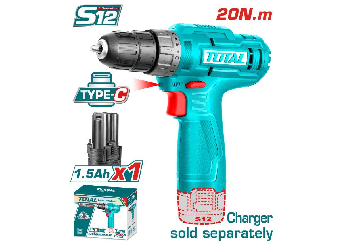 Аккумуляторный шуруповерт  12 В 20 Нм (с аккумулятором) TOTAL TDLI12428