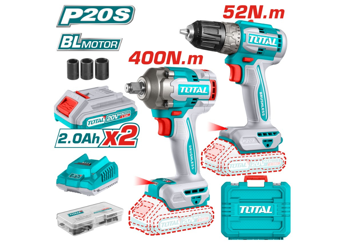 Կոմբո հավաքածու մարտկոցային 20Վ․ պտուտակադարձիչ (TDLI204531), գայկավյորտ (TIWLI2040) TOTAL TCKLI2027