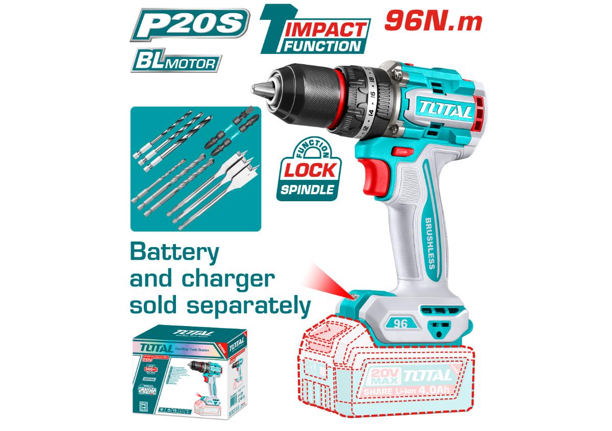 Компактная бесщеточная аккумуляторная ударная дрель 20в TOTAL TIDLI209681