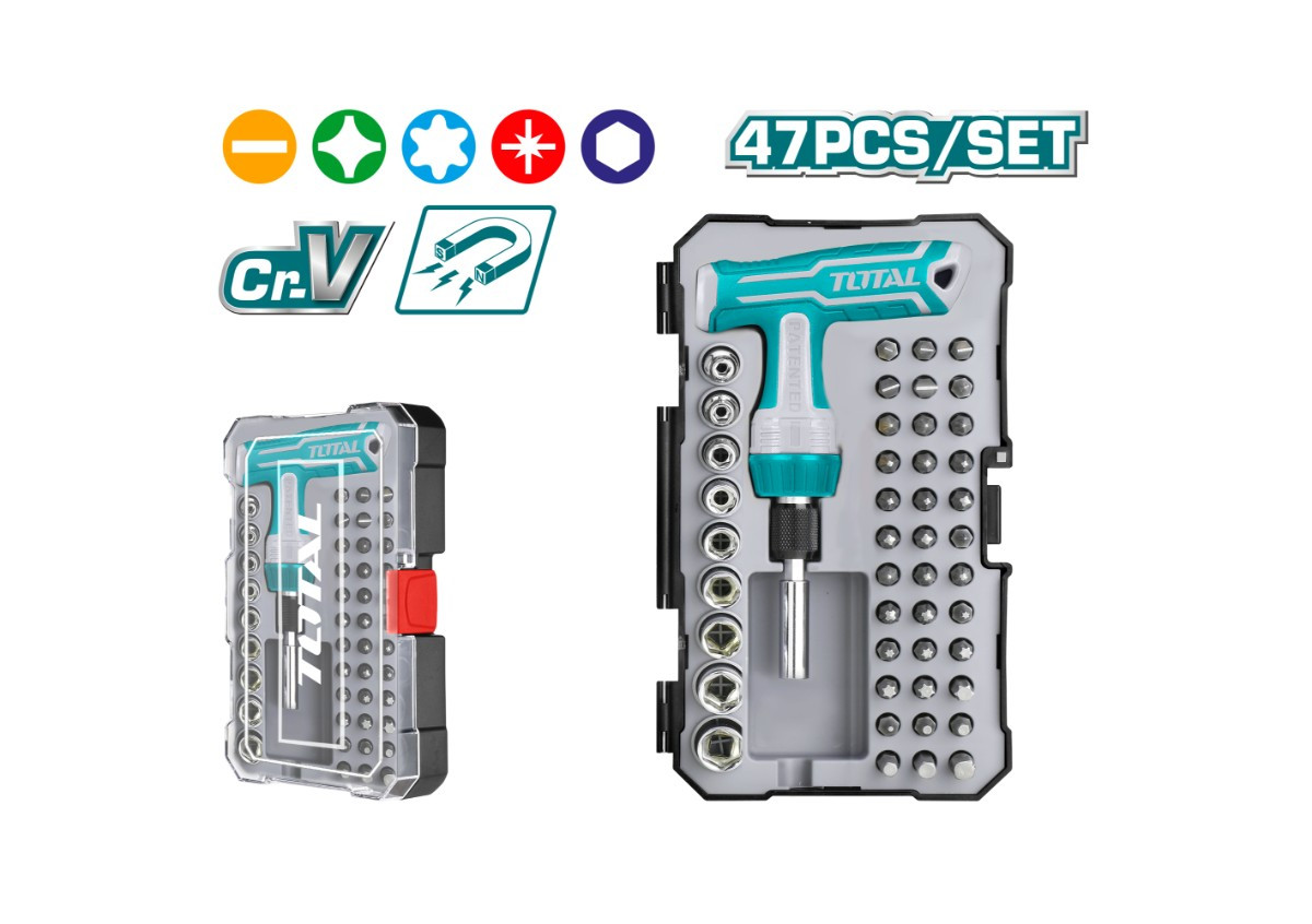 Т-образная реверсивная отвертка с насадками 47шт TOTAL TACSD30476