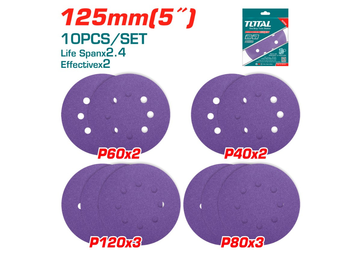 Набор шлифовальной бумаги фиолетового цвета 125мм 10шт TOTAL TAC73125101