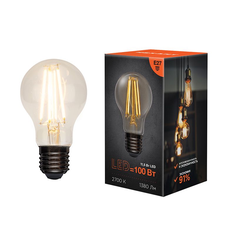 LED լամպ A60 11,5 w 2700K E27 թափանցիկ REXANT