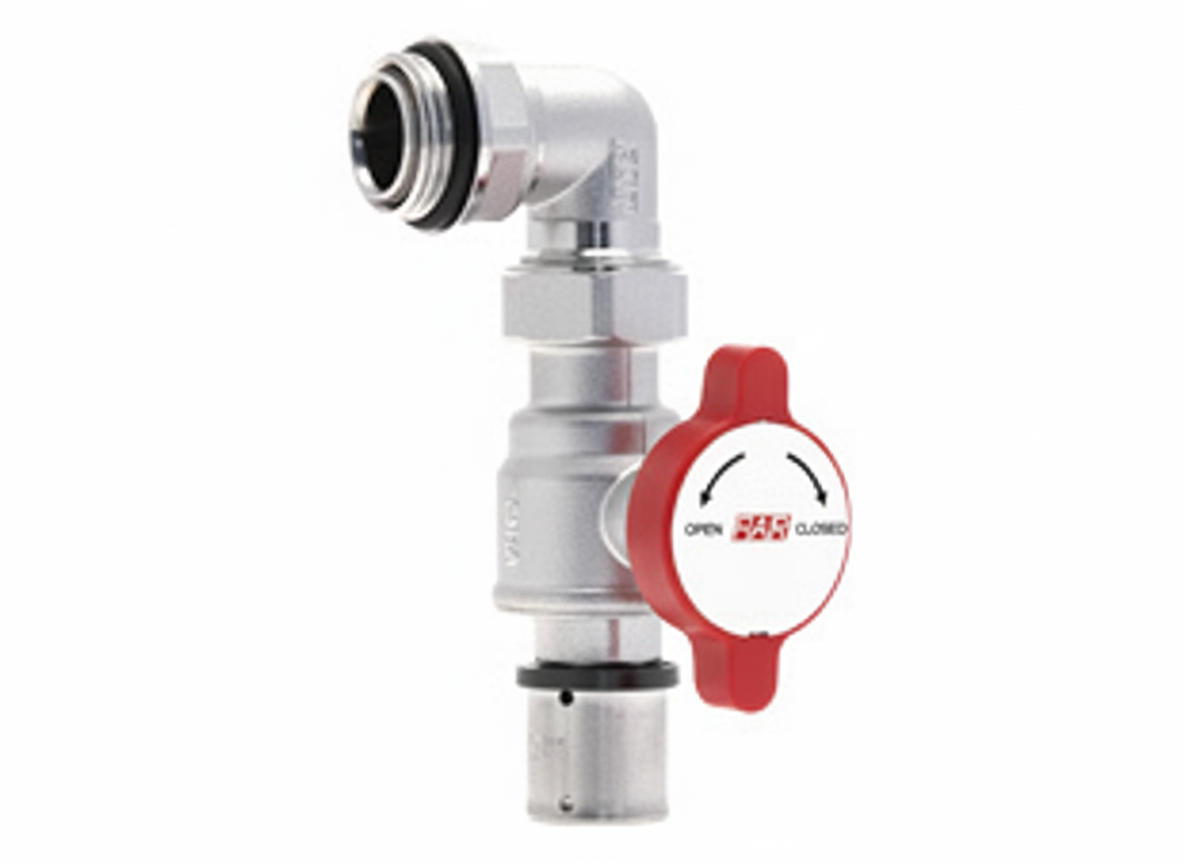 Кран шар., 1" 26*3, хром., с пресс-соед.и угольником, красная ручка FAR