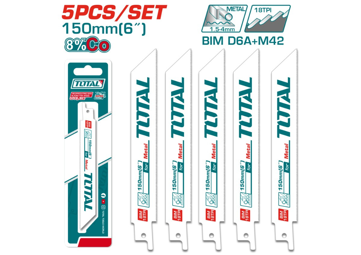 Սուսերավոր սղոցի դանակների հավաքածու 5 հատ մետաղի համար 150մմ TOTAL TRSB922EF