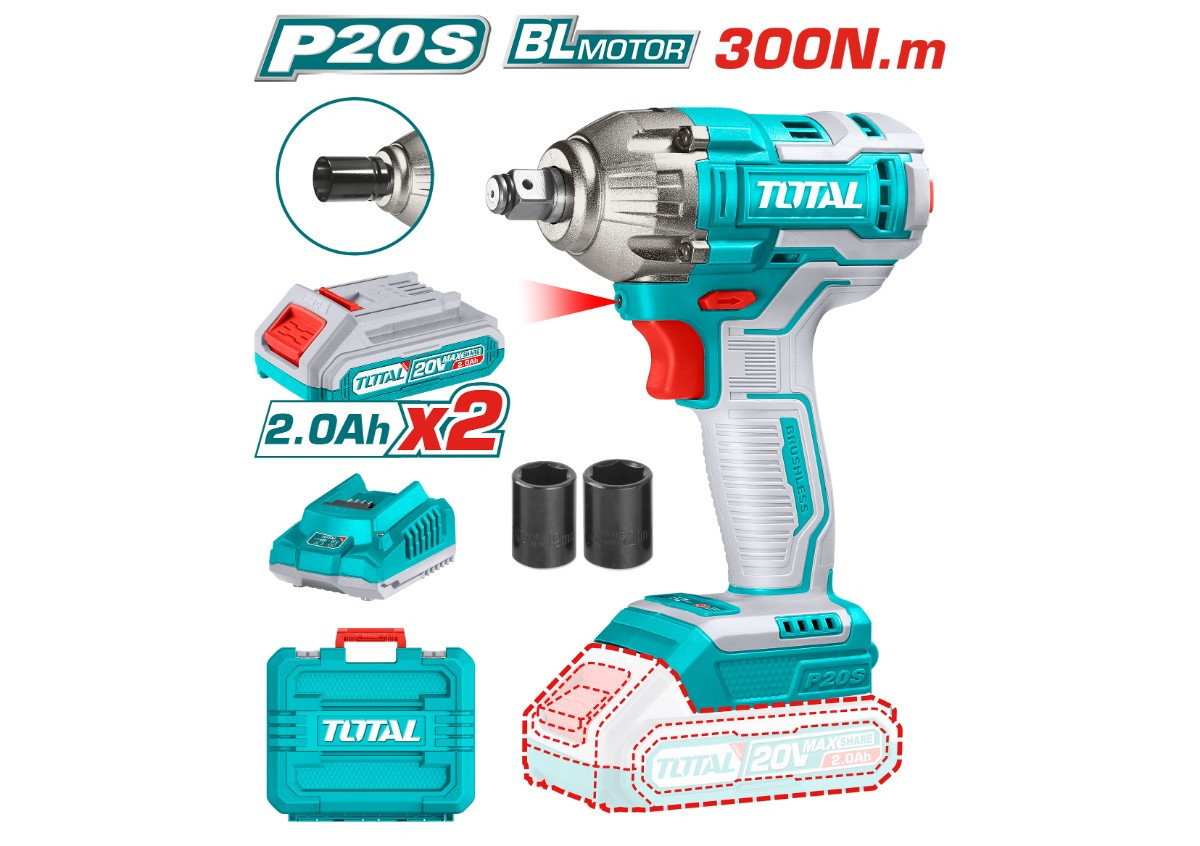 Հարվածային գայկավյորտ մարտկոցային 20Վ 300Նմ (2 մարտկոցով, լիցքավորիչով) TOTAL TIWLI2038