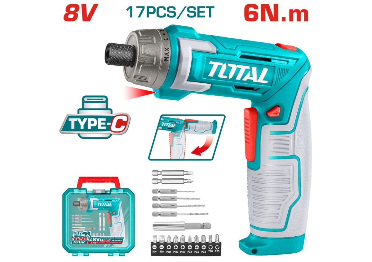 Պտուտակահան մարտկոցային 8Վ (12 բիթ, 4 գայլիկոն) TOTAL TSDLI08025