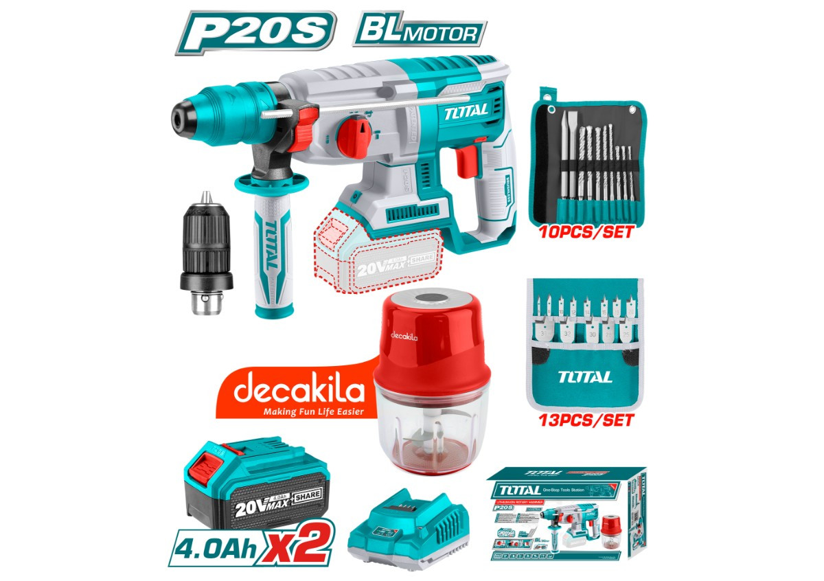 Կոմբո հավաքածու մարտկոցային. հորատիչ 20Վ, մանրացնող սարք TOTAL TOSLI23031