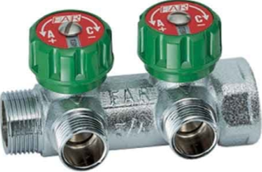 Կոլեկտոր կարգավորվող 1" ՆՊ-ԱՊ, 2×1/2" EU, հարթ խց. ներդիրով FAR