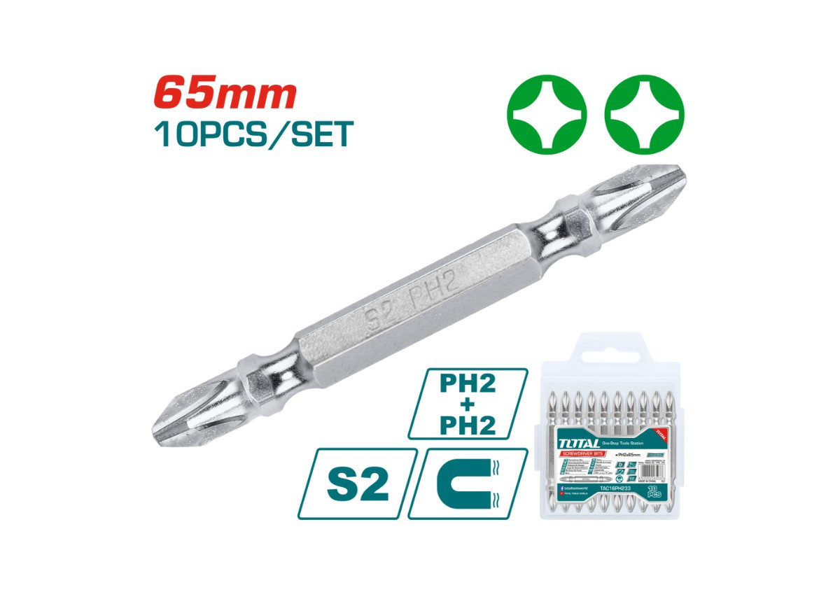 Отвертка двусторонняя 10 шт. PH2 65մմ TOTAL TAC16PH233
