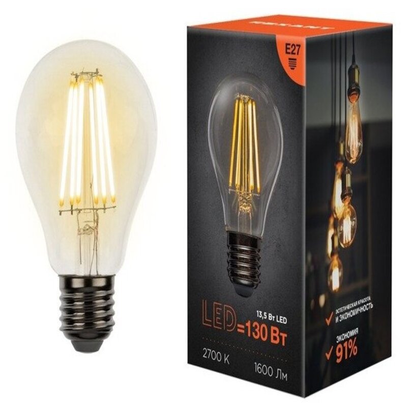 LED լամպ A60 13,5 w 2700K թափանցիկ REXANT