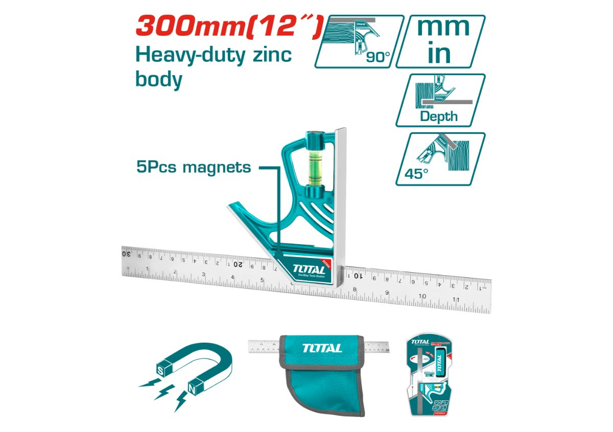 Комбинированный угольник с уровнем 300 мм TOTAL TMT653005