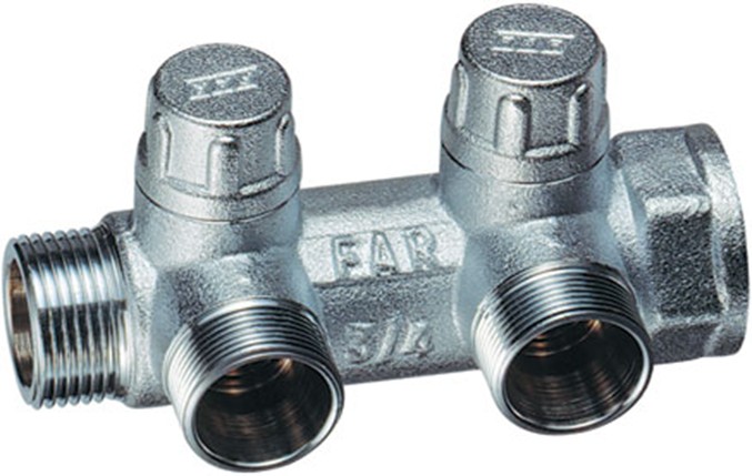 Запорный коллектор 3/4"НР-ВР с 2 отводами М24х19 FAR