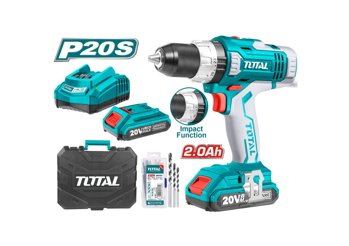 Аккумуляторная Ударная Дрель - отвертка 20 В 55 Нм (с 2 аккумуляторами, зарядным устройством, 56 аксессуарами) TOTAL TIDLI2003