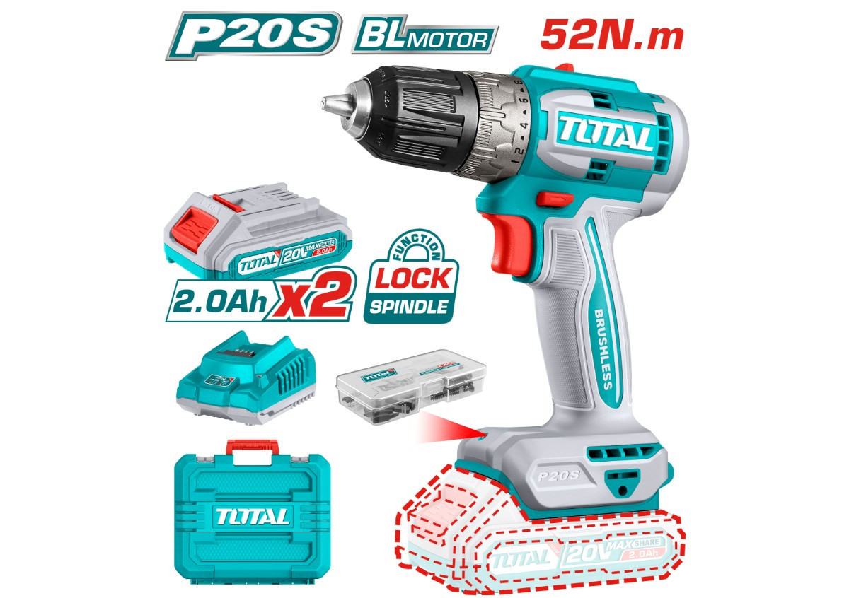 Дрель с аккумулятором 20 В 52 Нм (с 2 аккумуляторами, зарядным устройством) TOTAL TDLI20453
