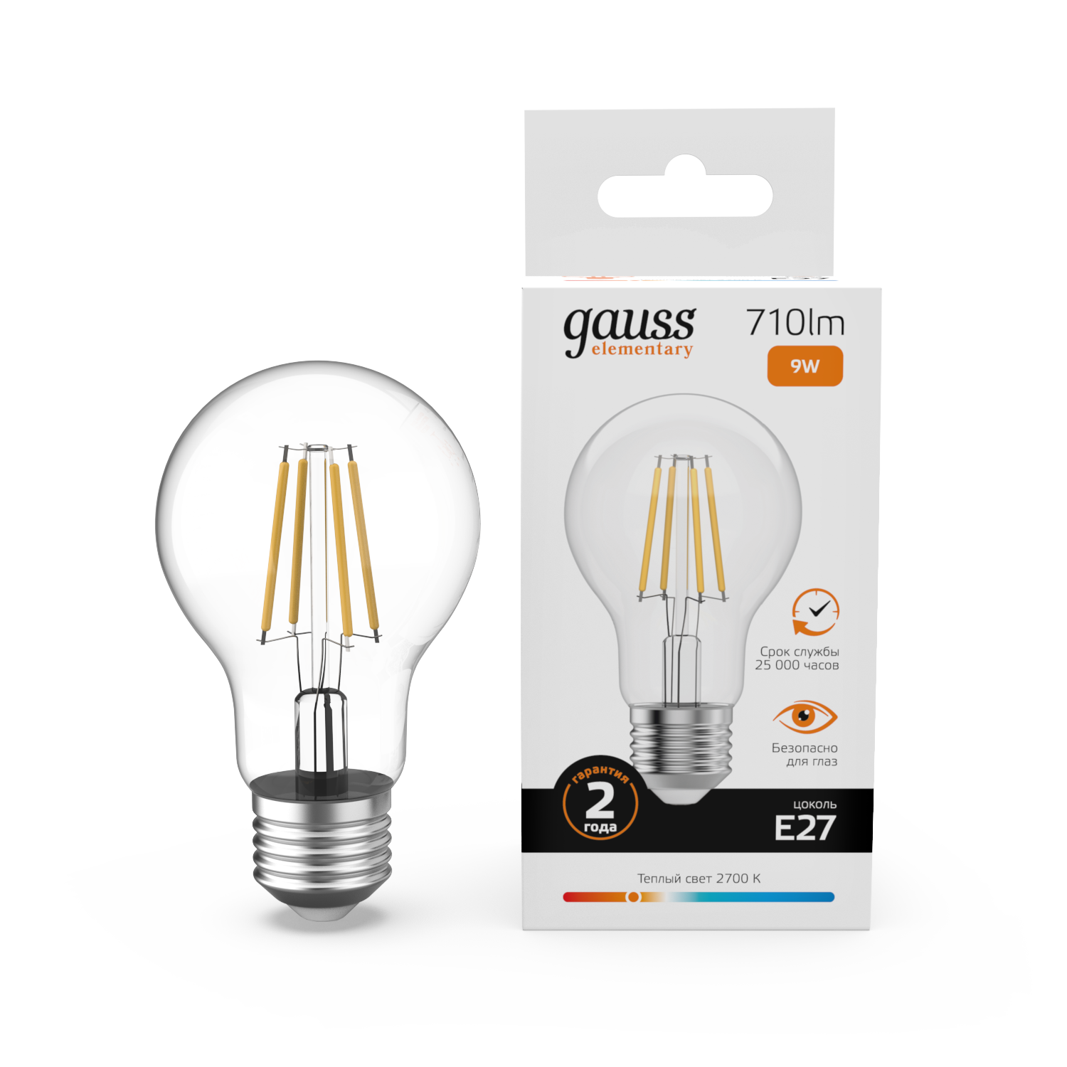 Լամպ E27 Elementary A60 9W 2700К 710Lm Filament 1/10/50 Gauss